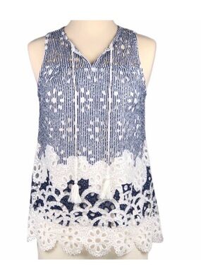 Cato | Top | Sleeveless Tasseled Tank with Laser Cutouts Size Medium